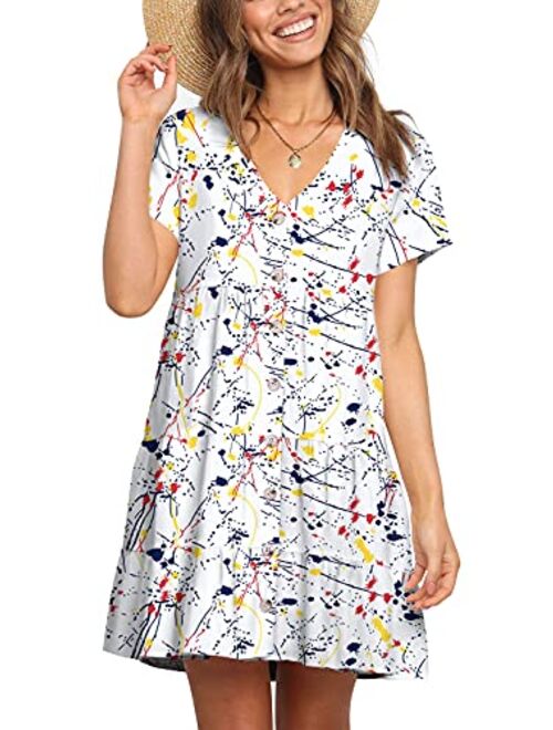 Cosonsen Womens Printed Swing Shift Dress Long Sleeve V Neck Tunic Dress