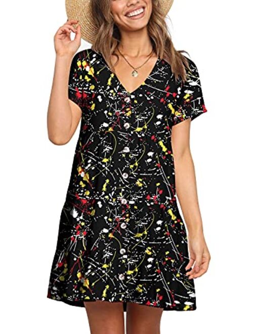 Cosonsen Womens Printed Swing Shift Dress Long Sleeve V Neck Tunic Dress