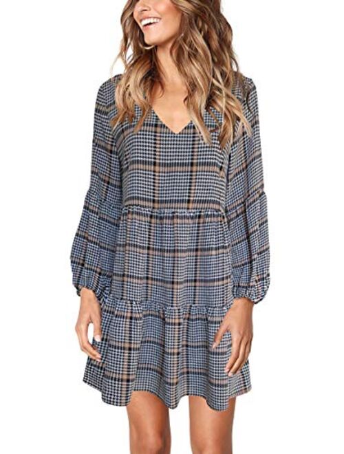 Cosonsen Womens Printed Swing Shift Dress Long Sleeve V Neck Tunic Dress