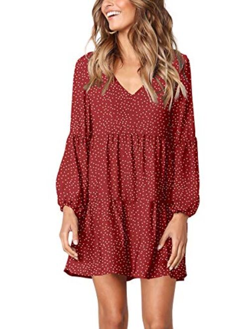 Cosonsen Womens Printed Swing Shift Dress Long Sleeve V Neck Tunic Dress