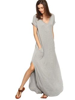 Women's V Neck Side Pockets Split Hem Beach Long Maxi Dress