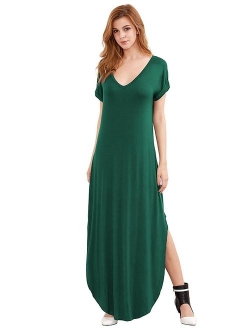 Women's V Neck Side Pockets Split Hem Beach Long Maxi Dress