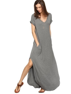 Women's V Neck Side Pockets Split Hem Beach Long Maxi Dress