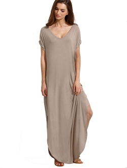 Women's V Neck Side Pockets Split Hem Beach Long Maxi Dress