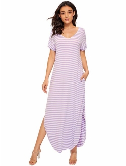 Women's V Neck Side Pockets Split Hem Beach Long Maxi Dress