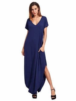 Women's V Neck Side Pockets Split Hem Beach Long Maxi Dress