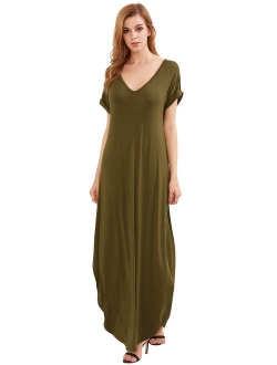 Women's V Neck Side Pockets Split Hem Beach Long Maxi Dress