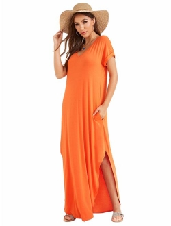 Women's V Neck Side Pockets Split Hem Beach Long Maxi Dress