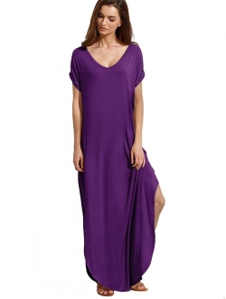 Women's V Neck Side Pockets Split Hem Beach Long Maxi Dress