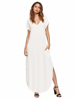 Women's V Neck Side Pockets Split Hem Beach Long Maxi Dress