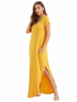 Women's V Neck Side Pockets Split Hem Beach Long Maxi Dress