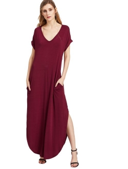 Women's V Neck Side Pockets Split Hem Beach Long Maxi Dress