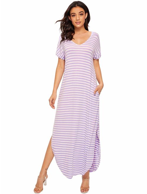 Verdusa Women's V Neck Side Pockets Split Hem Beach Long Maxi Dress