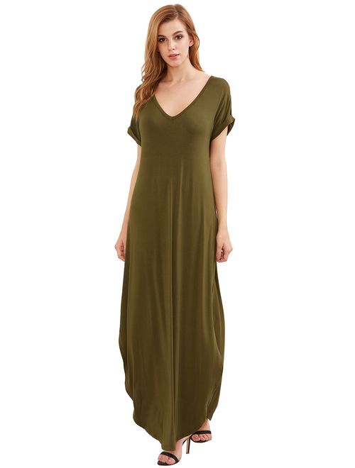 Verdusa Women's V Neck Side Pockets Split Hem Beach Long Maxi Dress