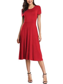 Women's Short Sleeve Waisted Slim Fit Midi Dress