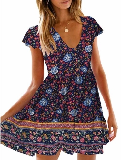 KIRUNDO Women's 2020 Summer Hot Short Sleeve V-Neck High Waist Floral Print Mini Boho Sun Dress with Button