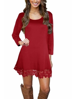 Afibi Womens Long Sleeve A Line Lace Stitching Trim Casual Dress