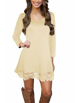 Afibi Womens Long Sleeve A Line Lace Stitching Trim Casual Dress