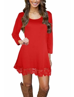 Afibi Womens Long Sleeve A Line Lace Stitching Trim Casual Dress