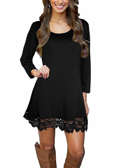 Afibi Womens Long Sleeve A Line Lace Stitching Trim Casual Dress