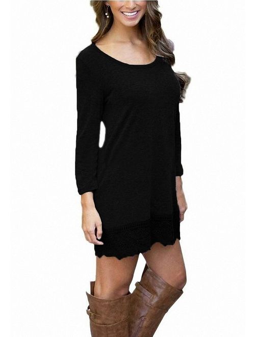 Afibi Womens Long Sleeve A Line Lace Stitching Trim Casual Dress