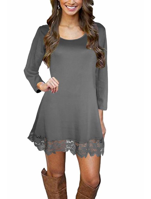 Afibi Womens Long Sleeve A Line Lace Stitching Trim Casual Dress