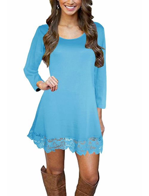 Afibi Womens Long Sleeve A Line Lace Stitching Trim Casual Dress