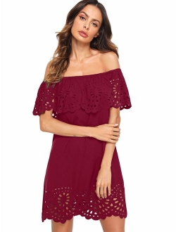 Women's Off Shoulder Ruffle Loose Tunic Shift Dress