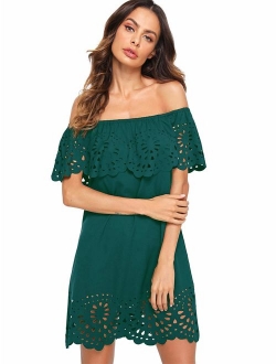 Women's Off Shoulder Ruffle Loose Tunic Shift Dress