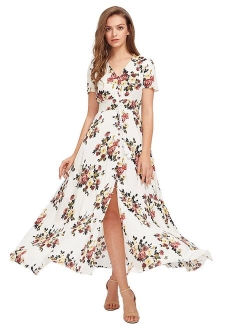 Women's Button Up Split Floral Print Flowy Party Maxi Dress