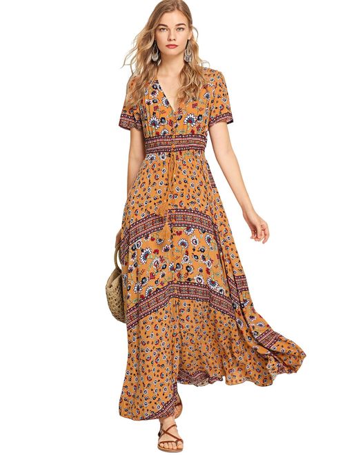 Milumia Women's Button Up Split Floral Print Flowy Party Maxi Dress