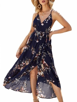 Women's Boho Backless Floral Beach Dress Sexy Split Maxi Dress