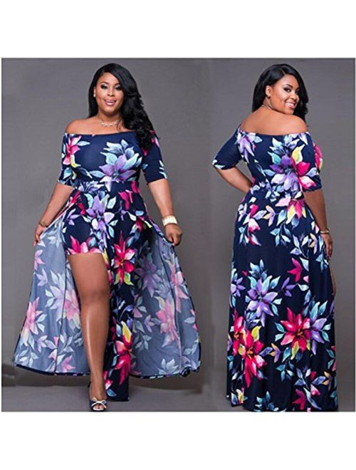 VERTTEE Maxi Women's Dress Boat Neck Short Sleeve Plus Size High Waist Print Causal Party Club Cocktail Spilt Women Dress