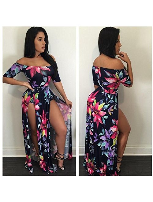 VERTTEE Maxi Women's Dress Boat Neck Short Sleeve Plus Size High Waist Print Causal Party Club Cocktail Spilt Women Dress