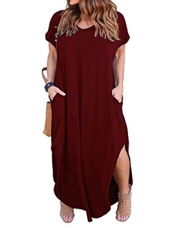 Nemidor Women's Casual Loose Pocket Long Dress Short Sleeve Plus Size Slit Maxi Dress