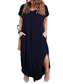 Nemidor Women's Casual Loose Pocket Long Dress Short Sleeve Plus Size Slit Maxi Dress