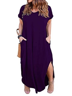 Nemidor Women's Casual Loose Pocket Long Dress Short Sleeve Plus Size Slit Maxi Dress