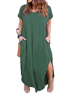 Nemidor Women's Casual Loose Pocket Long Dress Short Sleeve Plus Size Slit Maxi Dress