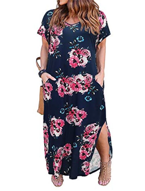 Nemidor Women's Casual Loose Pocket Long Dress Short Sleeve Plus Size Slit Maxi Dress