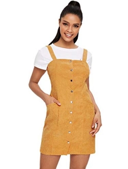 Women's Corduroy Button Down Pinafore Overall Dress with Pockets