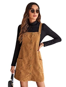 Women's Corduroy Button Down Pinafore Overall Dress with Pockets