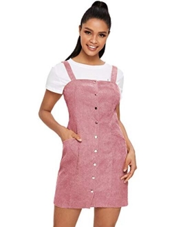 Women's Corduroy Button Down Pinafore Overall Dress with Pockets