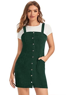 Women's Corduroy Button Down Pinafore Overall Dress with Pockets