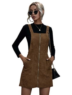 Women's Corduroy Button Down Pinafore Overall Dress with Pockets