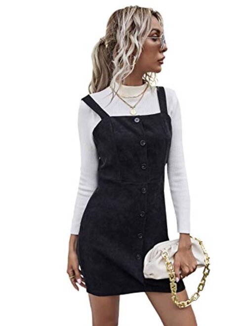 Floerns Women's Corduroy Button Down Pinafore Overall Dress with Pockets