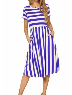 levaca Women's Casual Short Sleeve Striped Swing Midi Dress with Pockets