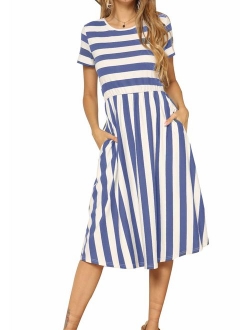 levaca Women's Casual Short Sleeve Striped Swing Midi Dress with Pockets