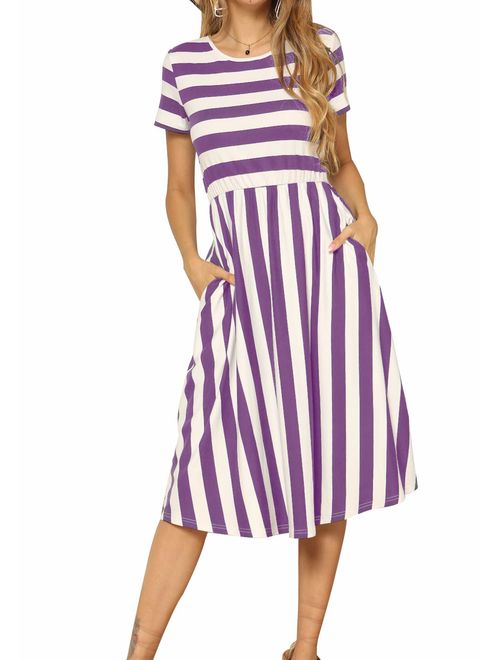 levaca Women's Casual Short Sleeve Striped Swing Midi Dress with Pockets