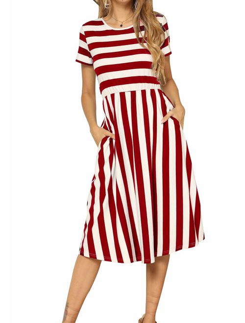 levaca Women's Casual Short Sleeve Striped Swing Midi Dress with Pockets