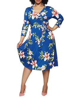 Pink Queen Women's Plus Size 3/4 Sleeve Faux Wrap Floral Dress with Belt